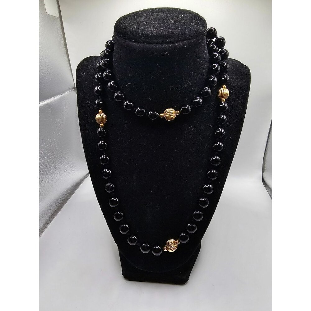 Vintage estate Black Beaded Necklace With Gold-Tone Accents - Elegant Statement
